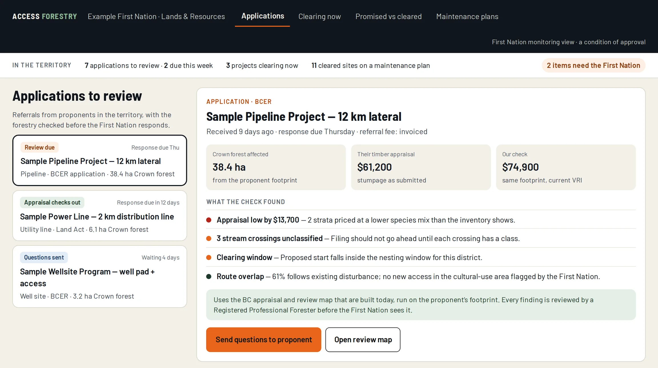 First Nation monitoring view: applications to review in the territory, and the forestry check of one proponent’s application with what the check found