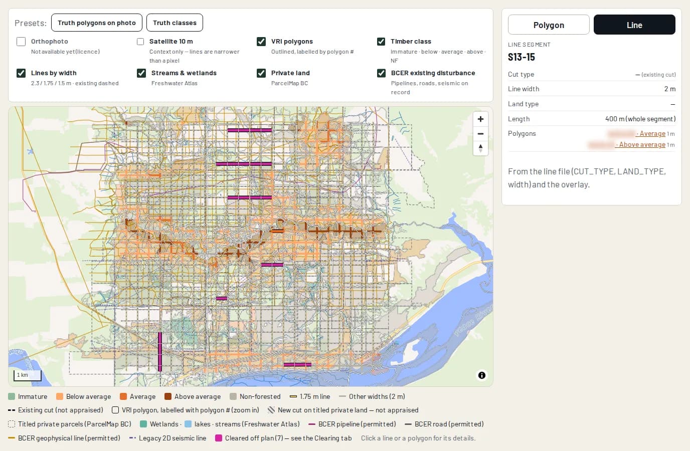 Appraisal review map with layer toggles, program lines coloured by timber class over forest polygons and streams, and the details of a selected line