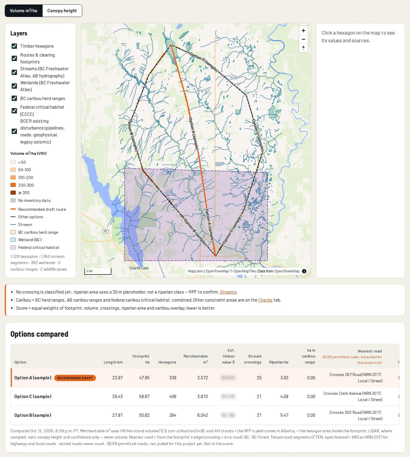 Route options map with three candidate pipeline routes over streams, wetlands and critical habitat, and the table comparing length, footprint, timber and stream crossings